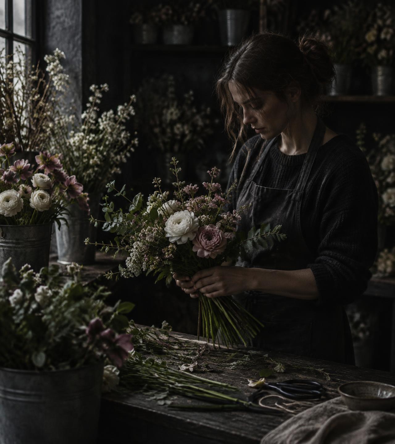 An independent florist arranging a bouquet at her workbench