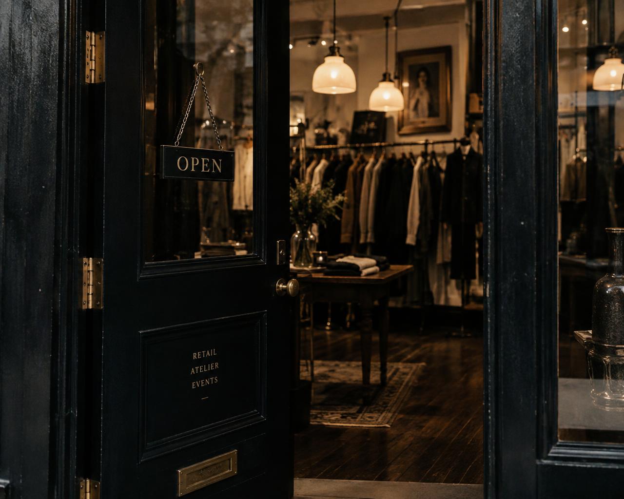 An open boutique door with an OPEN sign and a warmly lit shop inside